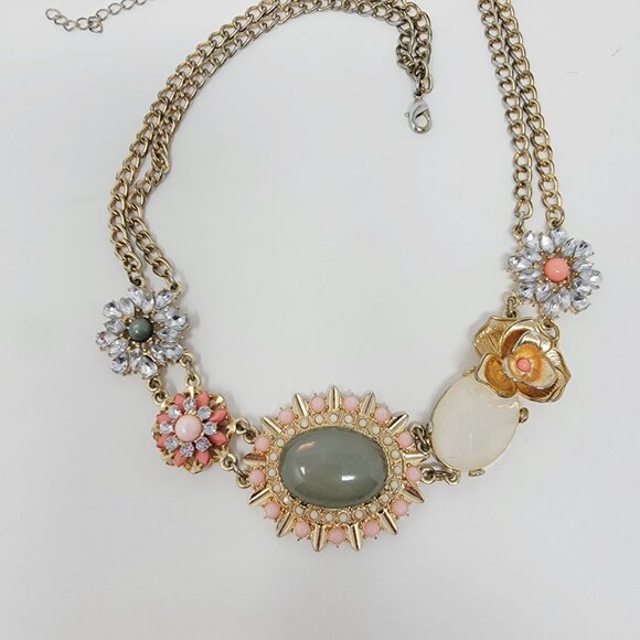 Estate Gold Tone Floral Statement Necklace Cabochon Rhinestone 19.5” Adjustable - Picture 3 of 5